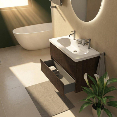 Saniclass Holz Atelier Ensemble meuble de salle de bains - 100x45x63.5cm - lavabo en céramique Palermo blanc - 1 vasque - 2 trous de robinetterie - 2 tiroirs - chêne charcoal mat (bois)