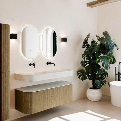 MONDIAZ THOR-DLUX 130cm meuble de salle de bains arrondi gauche + droite couleur Dusk avec 1 tiroir et 2 portes. Vasque suspendue CLOUD Double sans trou de robinet couleur Opalo.