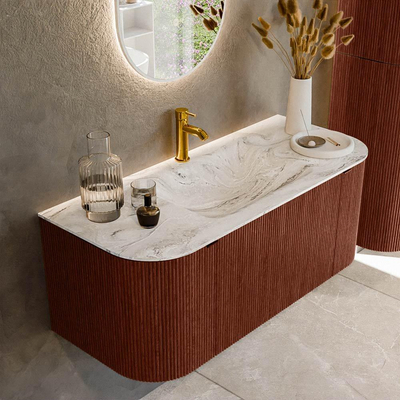 Mondiaz KURVE-DLUX Badkamermeubelset - 110x46x40cm - 1 lade - 2 deuren - wastafel solid surface - midden - 1 kraangat - Ruby
