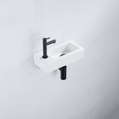 FugaFlow Efficiente Pietra Ensemble de fontaine - 37,5x18,5x9cm - céramique - trou de robinet à gauche - robinet de fontaine noir mat - bouchon de vidange - siphon abaissé - Blanc brillant