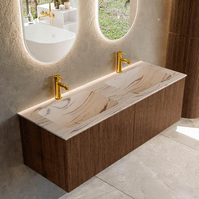 MONDIAZ KURVE-DLUX 130cm badmeubel kleur Walnut met 2 lades en 0 deuren. Wastafel LEAF Dubbel 2 kraangaten Nata.