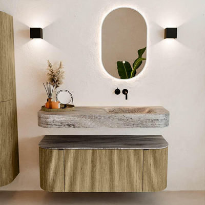 MONDIAZ THOR-DLUX 120cm meuble de salle de bains arrondi gauche + droite couleur Dusk avec 1 tiroir et 2 portes. Vasque suspendue CLOUD Droite sans trou de robinet couleur Oza.