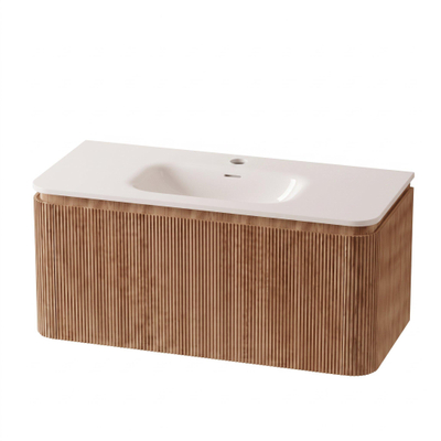 Royal Plaza Terra Edge Badkamermeubelset - 100x44.7x46cm - solid surface wastafel wit mat - 1 wasbak - 1 kraangat - 2 lades - sandwood (licht eiken)