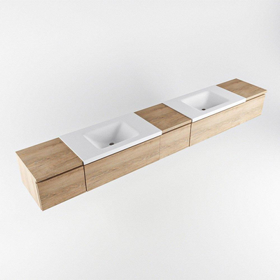 MONDIAZ BUKLA 280cm ensemble de meuble avec module 40 couleur Chêne blanchi avec 5 tiroirs. Lavabo CLOUD double 2 trous de robinet couleur Talc.