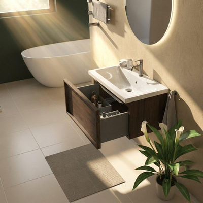 Saniclass Holz Frame Ensemble meuble de salle de bains - 80x45x43.5cm - Bari lavabo en céramique blanc - 1 vasque - 1 trou de robinetterie - 1 tiroir - chêne charcoal mat (bois)