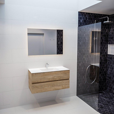 ENSEMBLE DE MEUBLE MONDIAZ VICA - 100cm - 2 tiroirs - lavabo Cloud central - 1 trou de robinet - solid surface chêne blanchi