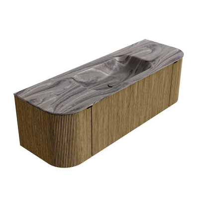 MONDIAZ KURVE-DLUX Meuble de salle de bains 140cm arrondi Gauche + Droite couleur Dusk avec 1 tiroir et 2 portes. Lavabo BIG SMALL Central 1 trou de robinet Sombra.