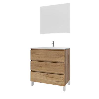 Adema Chaci PLUS Badkamermeubelset - 80x86x46cm - 1 ovale keramische wasbak wit - 1 kraangat - 3 lades - rechthoekige spiegel - eiken