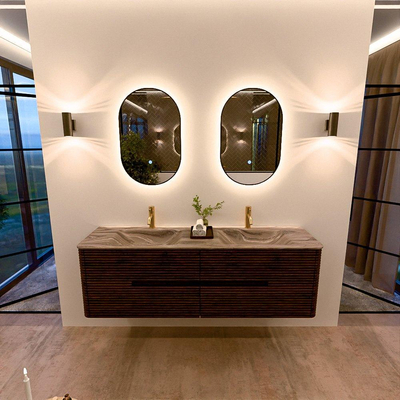 Mondiaz CIRO-DLUX Badkamermeubelset - 160x45x50cm - Solid surface wastafel Sombra - 2 wasbak Dubbel - 2 kraangaten - 4 lades - Walnut