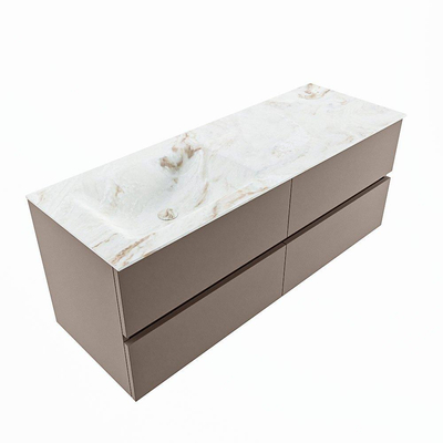 Mondiaz VICA-DLUX ensemble de meuble de salle de bain - 130cm - meuble sous-vasque fumée - 4 tiroirs - lavabo encastré nuage gauche - 1 trou de robinet - version haute de 60cm - frape