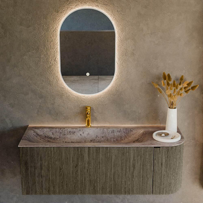 MONDIAZ KURVE-DLUX Meuble de salle de bains 125cm arrondi à droite couleur Shadow avec 1 tiroir et 1 porte. Lavabo BIG MEDIUM à gauche 1 trou de robinet Oza.