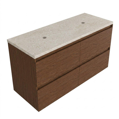 Saniclass Holz Pure Ensemble de meubles de salle de bains - 120x45x63cm - Plan de travail en pierre naturelle travertin - sans trou de robinet - 4 tiroirs - walnut pure mat (bois)