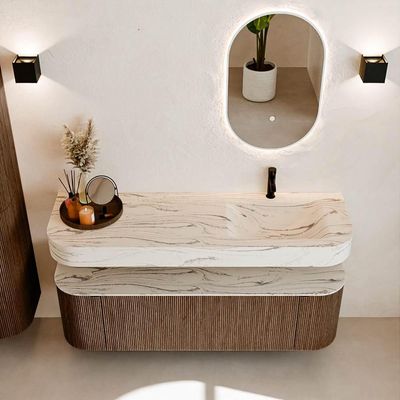 MONDIAZ THOR-DLUX 150cm meuble de salle de bains arrondi gauche + droite couleur Walnut avec 1 tiroir et 2 portes. Vasque suspendue CLOUD Droite 1 trou de robinet couleur Nata.