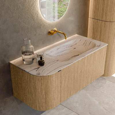MONDIAZ KURVE-DLUX 105cm badmeubel ronding Links kleur Oak met 1 lade en 1 deur. Wastafel BIG SMALL Rechts zonder kraangat Nata.