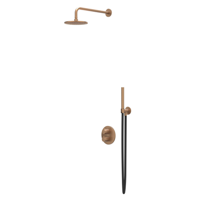 IVY Tribe Ensemble de douche pluie - encastré - inverseur d’arrêt 2 voies - bras de plafond 20 cm - douche de tête ronde medium 20 cm - support avec sortie - flexible de douche 150 cm - douchette barre - RVS316 - cuivre brossé mat PVD