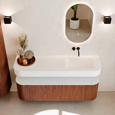 MONDIAZ THOR 150cm meuble de salle de bains arrondi gauche + droite couleur Ruby avec 1 tiroir et 2 portes. Vasque suspendue CLOUD Droite sans trou de robinet couleur Talc.