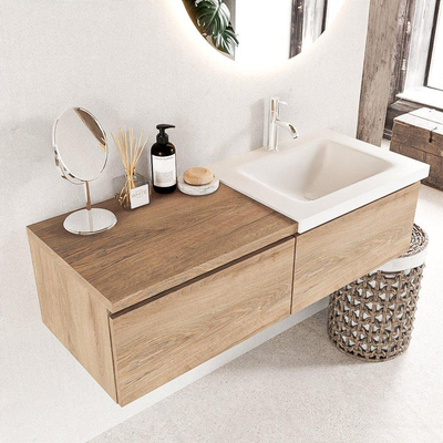 MONDIAZ BUKLA 120cm meuble de salle de bains avec module 60 couleur Washed Oak avec 2 tiroirs. Lavabo CLOUD à droite 1 trou de robinet couleur Talc.