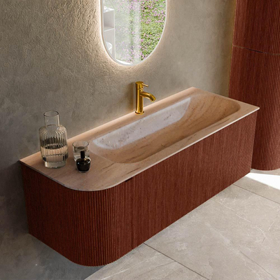 MONDIAZ KURVE-DLUX 125cm badmeubel ronding Links kleur Ruby met 1 lade en 1 deur. Wastafel BIG MEDIUM Rechts 1 kraangat Saba.