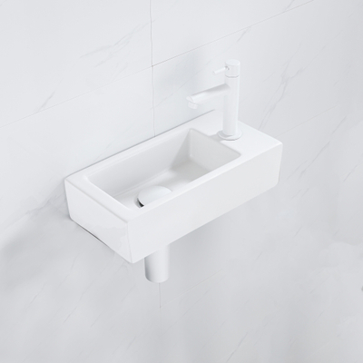 QeramiQ Fuente pack lave-mains – 37,5 x 18,5 x 9 cm – céramique blanc mat – perçage à droite – robinet blanc mat
