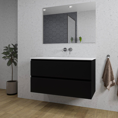 Saniclass Chaci Ensemble meuble de salle de bains - 100x46x55cm - lavabo en céramique blanc - 1 vasque - sans trous de robinet - 2 tiroirs - miroir rectangulaire - noir mat