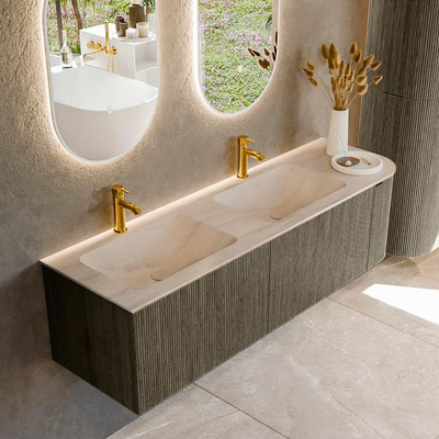 MONDIAZ KURVE-DLUX Meuble de salle de bains 155cm arrondi à droite couleur Shadow avec 2 tiroirs et 1 porte. Lavabo LEAF Double / à gauche 2 trous de robinet Meli.