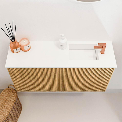Mondiaz JOYA 80cm toiletmeubel - kleur Oak - Wastafel FAYE positie Rechts 1 kraangat kleur Talc.
