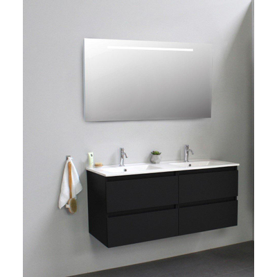 Basic Line Bella Badkamermeubelset - 120x55x46cm - 2 wasbakken - Keramiek - Wit - 2 kraangaten - Wandspiegel met verlichting - Spaanplaat Zwart mat