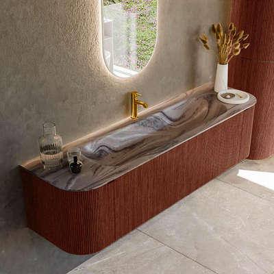 MONDIAZ KURVE-DLUX Meuble de salle de bains 170cm arrondi gauche + droite couleur Ruby avec 1 tiroir et 2 portes. Lavabo BIG LARGE central 1 trou de robinet Sombra.