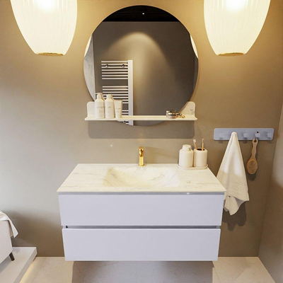 Mondiaz VICA-DLUX Ensemble de meuble de salle de bain - 100cm - meuble sous-vasque cale - 2 tiroirs - lavabo encastré cloud milieu - 1 trou de robinet - version haute de 60cm - opalo