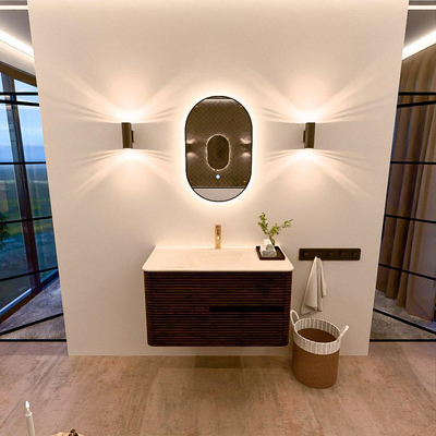 Mondiaz CIRO-DLUX Meuble de salle de bains - 90x45x50cm - Plan-vasque Solid surface Meli - 1 vasque Centrale - 1 trou de robinet - 2 tiroirs - Noyer