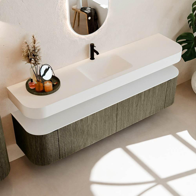 MONDIAZ THOR 190cm meuble de salle de bains arrondi gauche + droite couleur Shadow avec 2 tiroirs et 2 portes. Vasque suspendue CLOUD Milieu 1 trou de robinet couleur Talc.