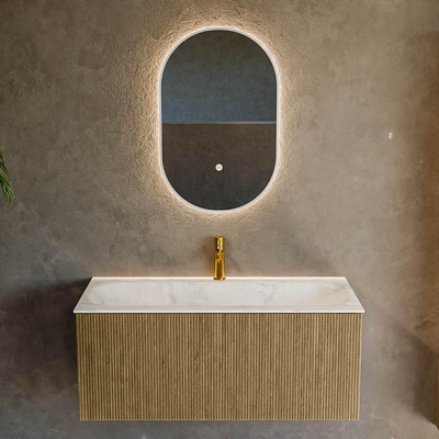Mondiaz KURVE-DLUX Badkamermeubelset - 100x46x40cm - 1 lade - wastafel solid surface - midden - 1 kraangat - Dusk