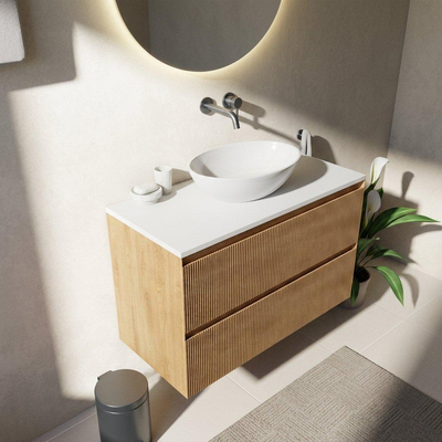 Saniclass Holz Atelier Ensemble meuble de salle de bains - 100x45x62.5cm - plan Torino en Solid Surface blanc - sans trou de robinetterie - 2 tiroirs - chêne natural mat (bois)