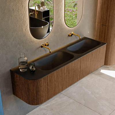 MONDIAZ KURVE 165cm Meuble salle de bain avec module 25 G - couleur Walnut - 2 tiroirs - 1 porte - vasque BIG SMALL double / droite - sans trous de robinet - Urban