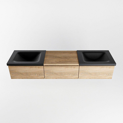 MONDIAZ BUKLA meuble de salle de bain 180 cm avec module 60 couleur Chêne blanchi avec 3 tiroirs. Lavabo CLOUD double 2 trous de robinet couleur Urbain.