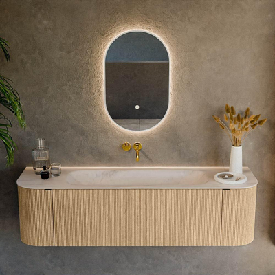 MONDIAZ KURVE-DLUX 160cm badmeubel ronding Links + Rechts kleur Oak met 1 lade en 2 deuren. Wastafel BIG MEDIUM Midden zonder kraangat Meli.