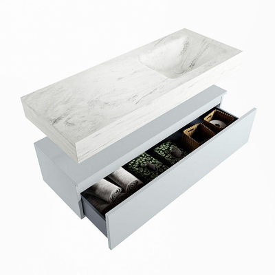 Mondiaz ALAN-DLUX Ensemble de meuble - 120cm - meuble Clay mat - 1 tiroir - Lavabo Cloud Opalo suspendu - vasque Droite - 0 trous de robinet