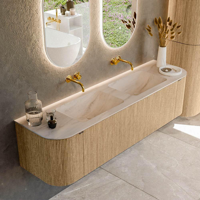 MONDIAZ KURVE-DLUX Meuble de salle de bains 170cm arrondi Gauche + Droite couleur Chêne avec 1 tiroir et 2 portes. Lavabo LEAF Double sans trou de robinet Meli.