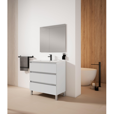 Adema Chaci PLUS Ensemble de meuble - 79.5x86x45.9cm - 1 vasque rectangulaire en céramique Blanc - 1 trou de robinet - 3 tiroirs - miroir rectangulaire - Blanc mat
