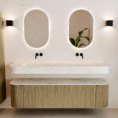 MONDIAZ THOR-DLUX 170cm meuble de salle de bains arrondi gauche + droite couleur Dusk avec 1 tiroir et 2 portes. Vasque suspendue CLOUD Double sans trou de robinet couleur Ostra.