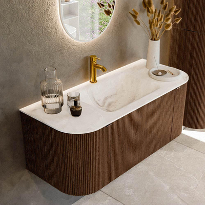 MONDIAZ KURVE-DLUX 110cm badmeubel met module 25 Len R kleur Walnut met 1 lade en 2 deuren. Wastafel CLOUD midden 1 kraangat kleur Frappe.