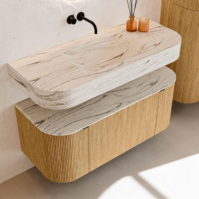 MONDIAZ THOR-DLUX 110cm meuble de salle de bains arrondi gauche + droite couleur Oak avec 1 tiroir et 2 portes. Vasque suspendue CLOUD Centre sans trou de robinet couleur Nata.