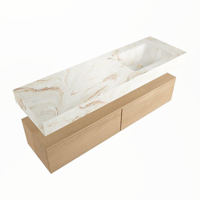 Mondiaz ALAN-DLUX Ensemble de meuble - 150cm - meuble Washed Oak mat - 2 tiroirs - Lavabo Cloud Frappe suspendu - vasque Droite - 0 trous de robinet