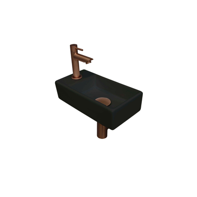 Ink Versus pack lave-mains – 36 x 18 x 9 cm – porcelaine noir mat – perçage à gauche – robinet or rose mat
