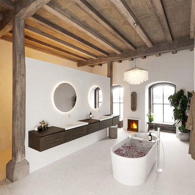 MONDIAZ BUKLA meuble de salle de bain 340cm avec module 60 couleur Marron Foncé avec 5 tiroirs. Lavabo CLOUD double 0 trou de robinet couleur Talc.