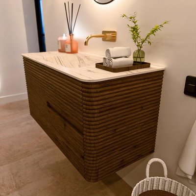 Mondiaz CIRO-DLUX Badkamermeubelset - 100x45x50cm - Solid surface wastafel Nata - 1 wasbak Midden - zonder kraangaten - 2 lades - Dusk