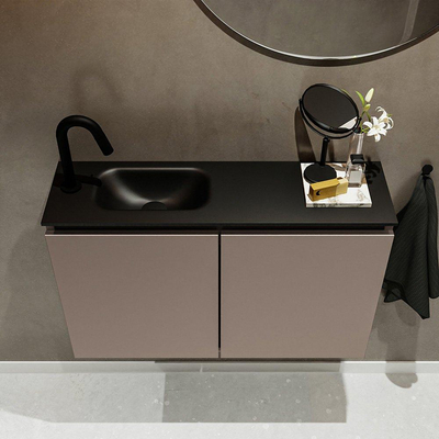 MONDIAZ TURE Kit lave-mains - 80x23x50cm - 1 trou de robinet - 2 portes - fumée mate - Lavabo à gauche - Solid Surface Noir