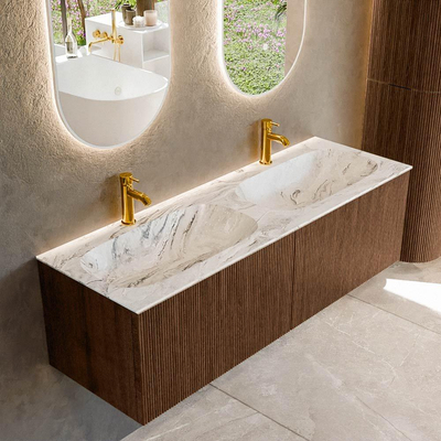 MONDIAZ KURVE-DLUX 140cm badmeubel kleur Walnut met 2 lades. Wastafel STOR SMALL dubbel 2 kraangaten kleur Glace.