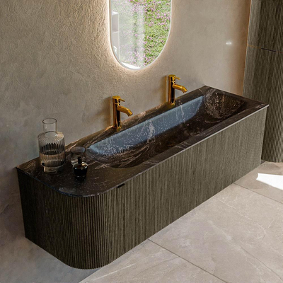 Mondiaz KURVE-DLUX Badkamermeubelset - 145x46x40cm - 1 lade - 1 deur - wastafel solid surface - rechts - 2 kraangaten - Shadow