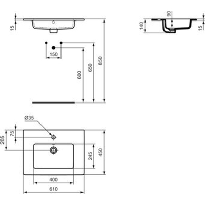 Ideal Standard Tiempo Wastafel H14xD45cm 1 kraangat rechthoek Keramiek Wit